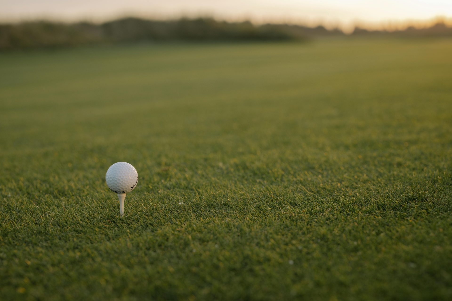 Golf ball on a white tee at sunrise on a golf course fairway