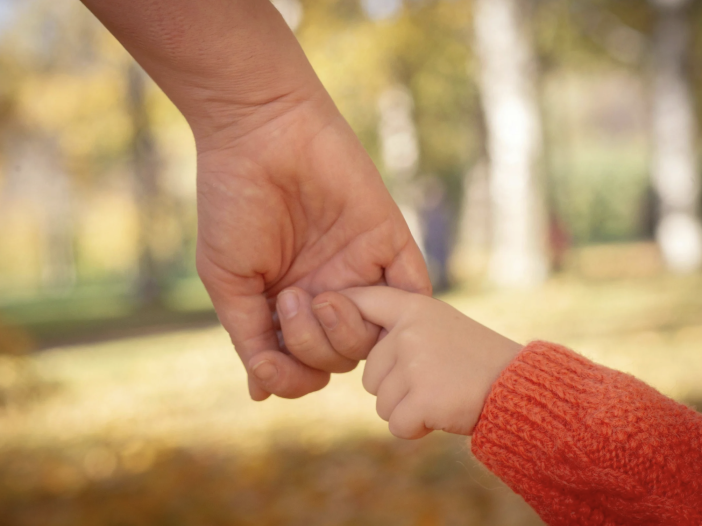 A parent’s hand gently holding a young child’s hand while walking outdoors on a sunny fall day.
