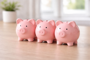 Three pink ceramic piggy banks lined up in a row on a wooden surface with a blurred white background
