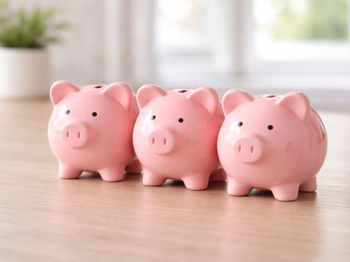 Three pink ceramic piggy banks lined up in a row on a wooden surface with a blurred white background
