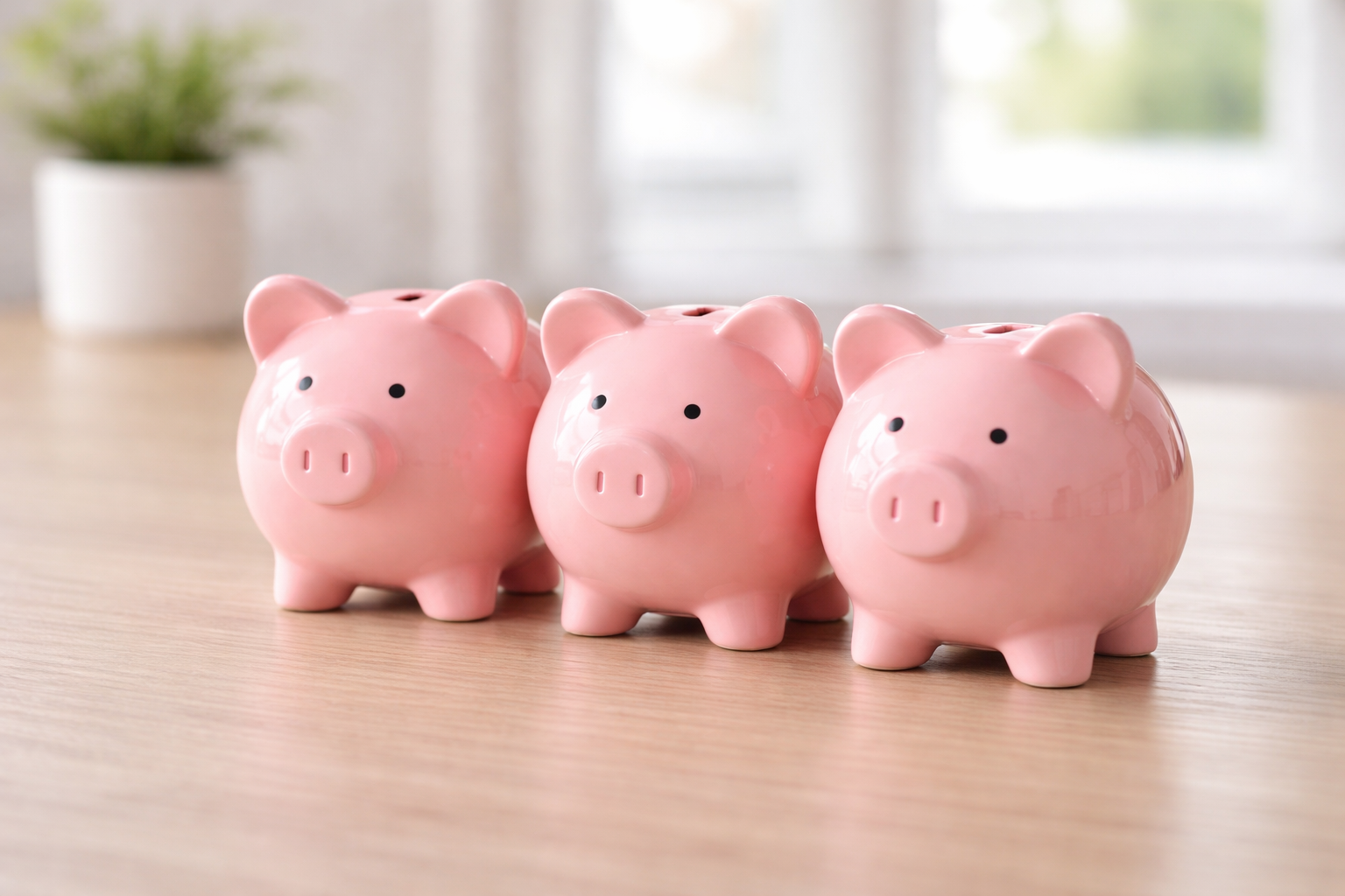 Three pink ceramic piggy banks lined up in a row on a wooden surface with a blurred white background