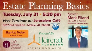 Estate Planning Basics July 21, 2026, 5:30pm at the Jerusalem Cafe