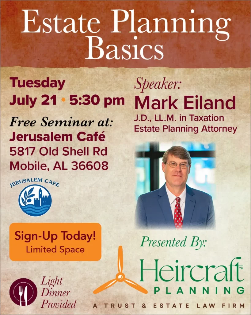 Estate Planning Basics July 21, 2026, 5:30pm at the Jerusalem Cafe