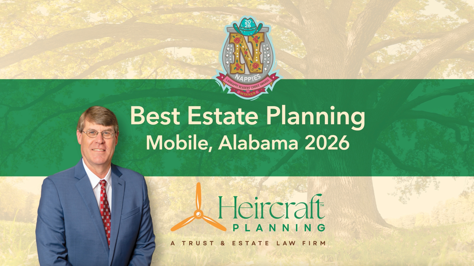 Mark Eiland of Heircraft Planning beside the 2026 Nappies Best Estate Planning award graphic for Mobile, Alabama